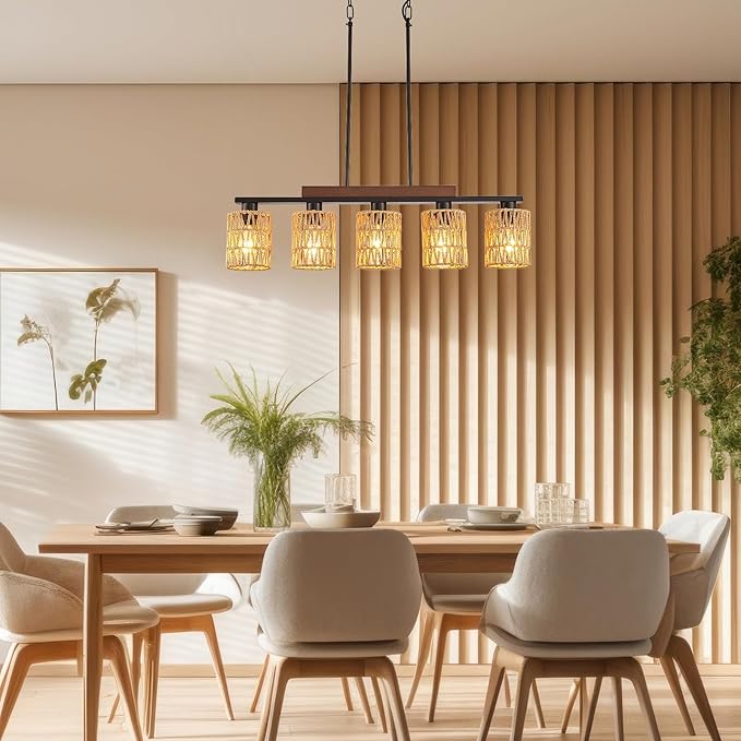 Boho Dining Room Light Fixture, 5-Light Rattan Chandelier, Farmhouse Woven Large Coastal Wicker Wood Bamboo Bohemian Rustic Rectangle Black Linear Pendant Lights Over Table for Kitchen Island