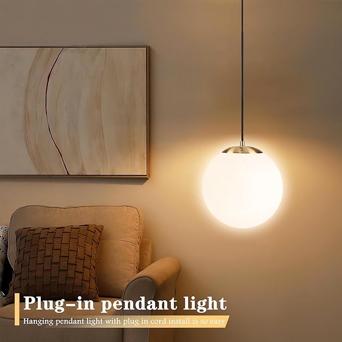 KoKo&Yukina 10" Globe Pendant Light Gold Plug in Pendant Light Adjustable Hanging Lights with Plug in Cord Brushed Gold Finished with Milk Glass Lampshade for Bedroom Kitchen Island（Bulb Included）