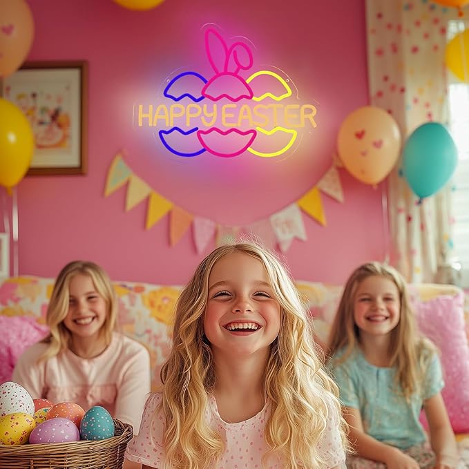 Happy Easter Neon Signs for Wall Decor, Easter Bunny Ears and Eggs Decorations Gifts, USB Dimmable LED Neon Lights Sign Party Decor for Bedroom Window Door Yard Bar Classroom Church