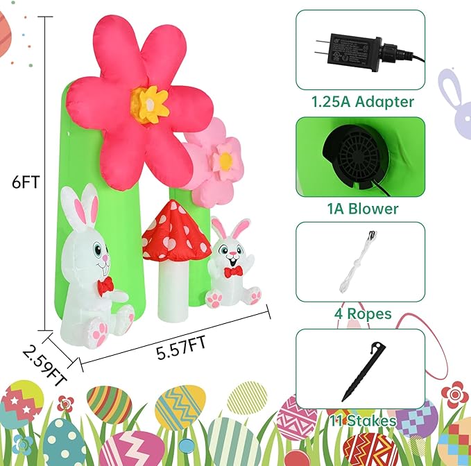 6FT Easter Inflatable Outdoor Decorations, Lighted Bunny Blow Up Yard Decoration with Built-in LED Lights, Spring Flower Mushroom Inflatable Outdoor for Lawn Garden Easter Decor (Spring Inflatable)