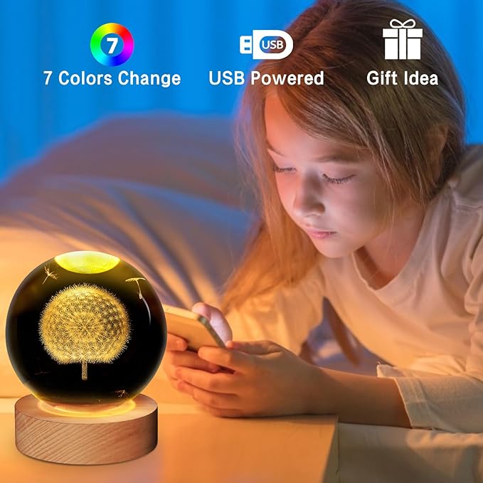 3D Crystal Ball Dandelion Lamp,3.15inch Multi-Color Changing Bedroom Decor Night Lights,Christmas Birthday Gifts for Boys,Girls