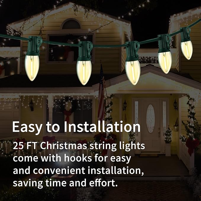 25FT C7 Christmas Lights Outdoor, Warm White LED String Lights with 25 Clear Bulbs for Roof Line, Fence, Xmas Trees Decor, Green Wire