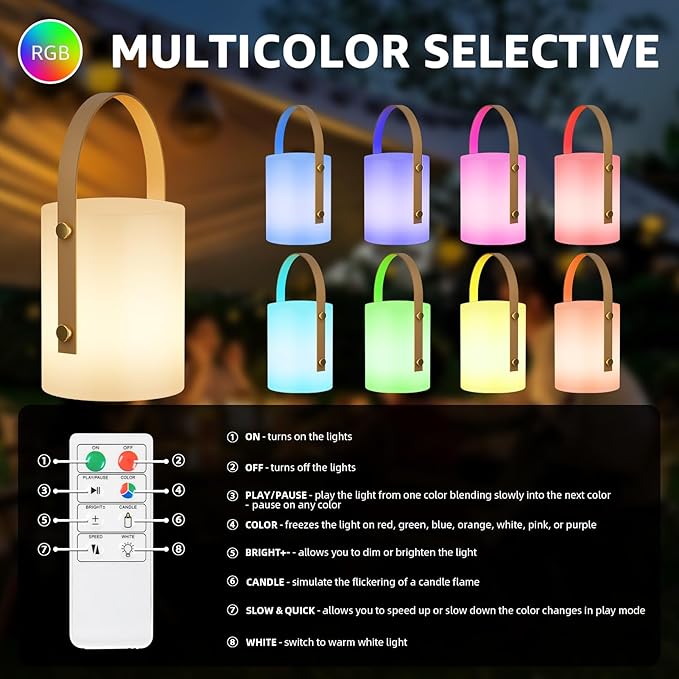 uuffoo LED Lantern Cordless Table Lamp IP44 Shower Safe with Remote, 8-10H Battery Life RGB Warm White Dimmable for Indoor Outdoor Patio Camping Home (White B)