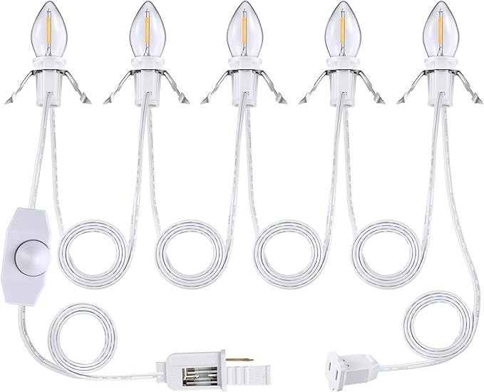 Leelosp Accessory Cord with LED Bulbs, 14.8 ft White Cord with C7 Lamp, On/Off Switch Plug, Spare Fuses, Female/Male Plugs, Village Light for Halloween Christmas Indoor Decor Craft Project(5 Light)