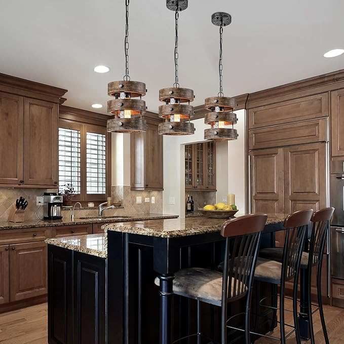 Farmhouse Wood Pendant Lights Kitchen Island, Dining Room Lighting Fixtures Over Table, Rustic Chandelier, Height Adjustable Hallway Light for Foyer Living Room Bar Restaurant