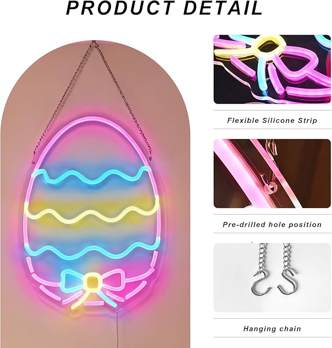 Easter Eggs Neon Sign - Multicolor Pastel LED Wall Light, USB Powered Dimmable Spring Decor with Hanging Chain - Perfect for Easter Party Decorations & Home festive Decor