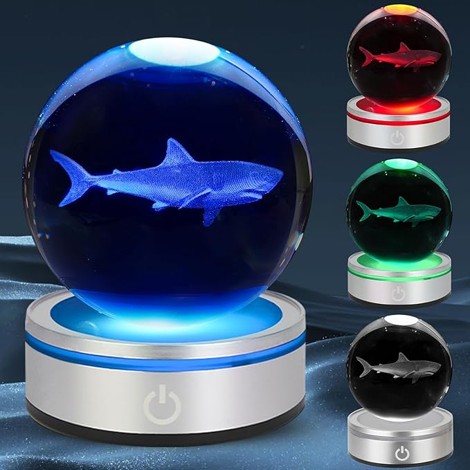 3D Shark Crystal Ball Night Light With LED Colorful Lighting Touch Base 3.15 In Glass Sphere Lamp for Birthday Christmas, Cool Toy Gift for Boys Girls Kids Figurine Home Decor