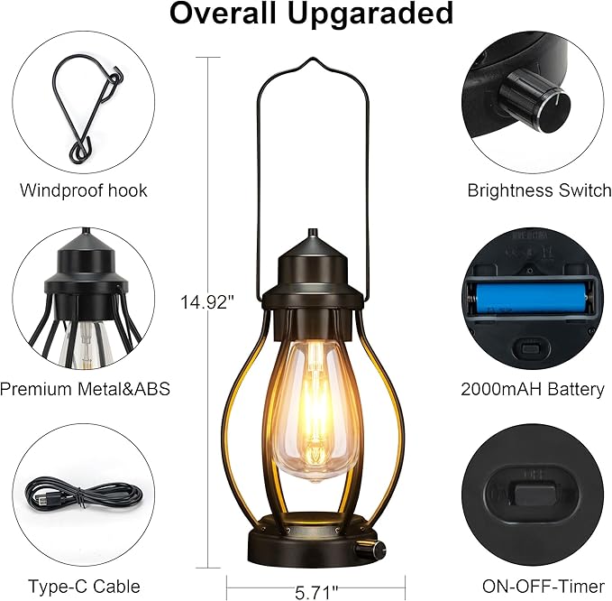 Battery-Powered LED Lanterns Vintage Lights for Christmas, 2 Pack Rechargeable Lantern with Dimmerble Warm White Edison Bulb, Waterproof Hanging Light Table Lamp for Outdoor & Indoor Decorative
