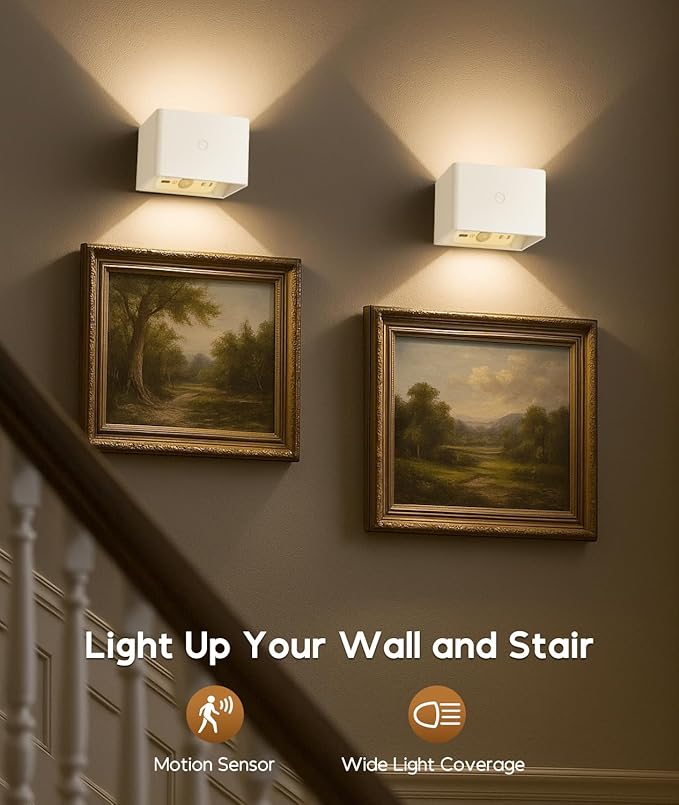 Battery Operated Wall Sconces Set of 2 for Living Room, Wireless Rechargeable Motion Sensor Wall Light with Remote for Bedroom, Bathroom, Hallway, Indoor Ambient Lighting (White)