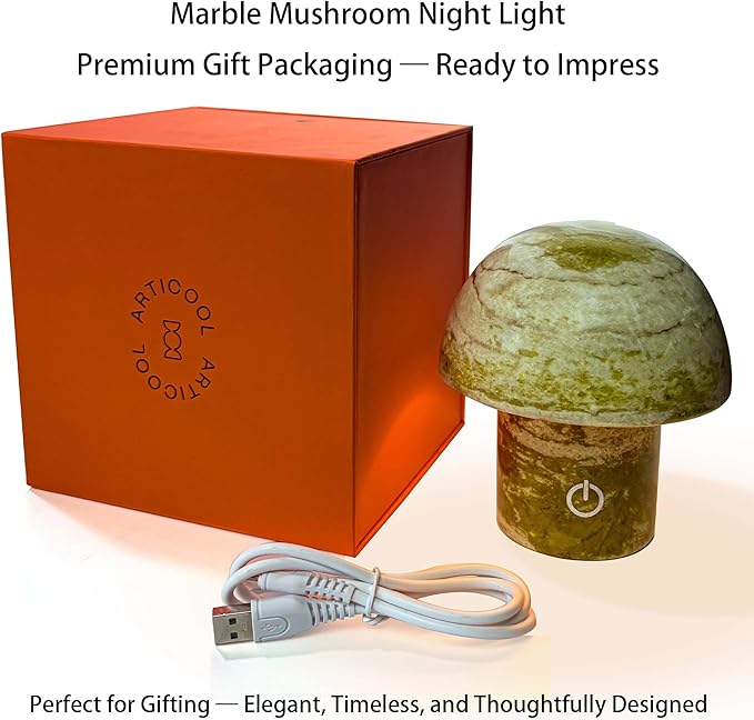 Natural Stone Mushroom Lamp - Jade Gemstone Night Light with LED, Touch Control 3 Brightness, USB Rechargeable Bedside Table Decor Gift