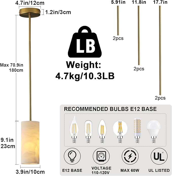 Alabaster Pendant Light for Kitchen Island, H-9.5in Modern Brass Hanging Light Fixture with Natural Alabaster Stone Shade, Adjustable Pendant Lighting Over Sink, Dining, Bar, Counter