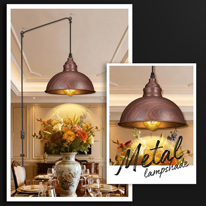 Plug in Pendant Light, 15FT Hanging Lights, On/Off Switch, Industrial Pendant Light with Plug in Cord, Metal Hanging Lamps for Living Room, Kitchen, Dining Room Brown