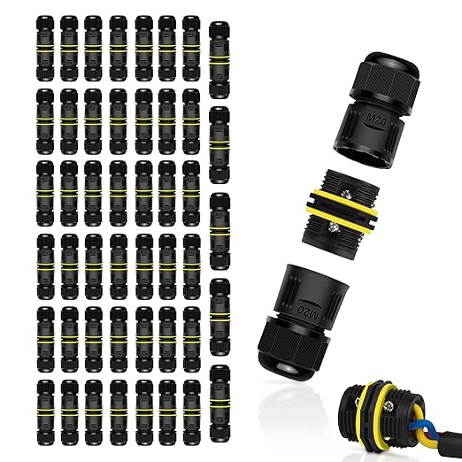 NineLeaf 48 Pack Waterproof Cable Connector, Screw Type 3-Pin M20 Electrical Wire Connectors Ø5-12mm, IP68 Outdoor Junction Box for Underground Garden Lighting, Patio, Deck Power Extension