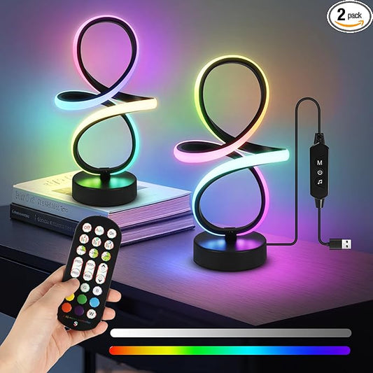 Modern RGB Table Lamps, Multicolor Changing Spiral Bedside Lamp with Remote&APP, Cool Table Lamp, Dimmable LED Nightstand Lamp with Music Rhythm Modes for Bedroom, Living Room, Black(2 Pack)