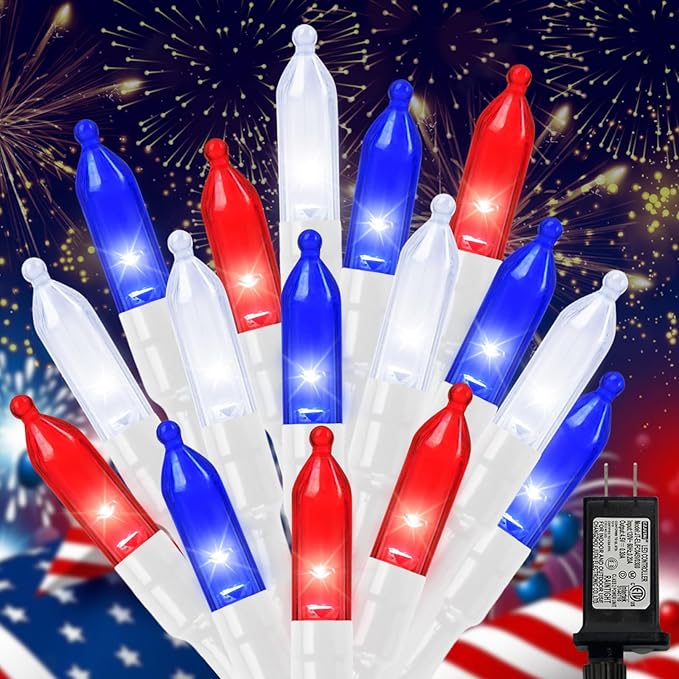 LAMPHOME Red White and Blue Lights, 4th of July Decorations String Lights Plug in Indoor Outdoor, 16 Modes Waterproof Patriotic Light for Independence Day Holiday Memorial Day Party Decor