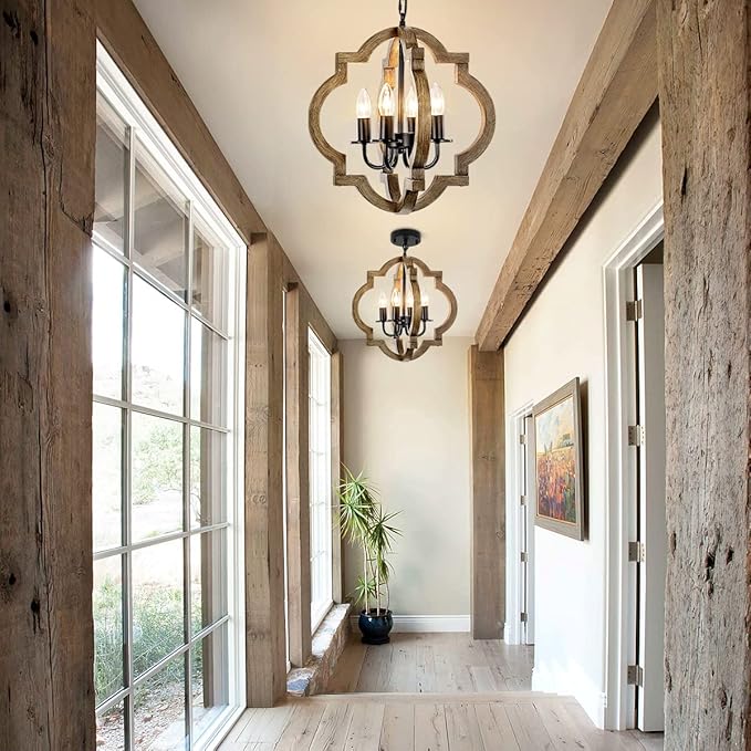 Farmhouse Orb Chandelier, 4-Light Rustic Wood Chandelier for Dining Room, 15.74'' Pendant Light for Kitchen Island Hallway Foyer Entryway Bedroom