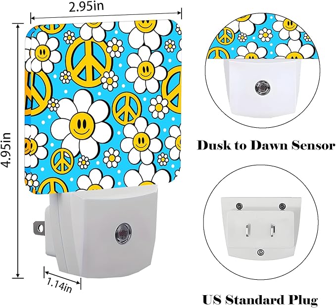 Peace Hippie in Flower Night Light,Plug-in Night Lights with Dusk to Dawn Sensor for Stairway,Hallway,Bedroom Sleep Friendly Ideal for Women/Girls/Boys Gift,0.5w
