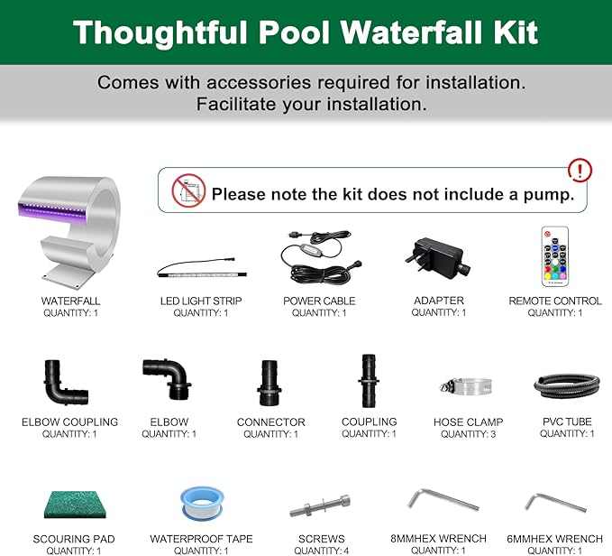 LONGRUN J-Shaped Waterfall Spillway Stainless Steel Swimming Pool Fountain with Color Changing LED Light, Outdoor Pond Waterfalls Kit for Garden Patio Swimming Pool Koi Ponds Decoration -13.6" Height