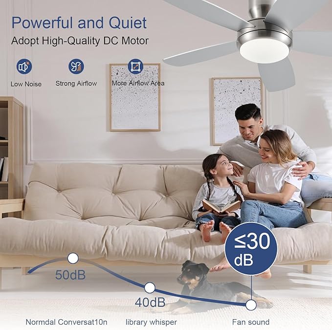 KNUN 42 Inch Ceiling Fan with Light and Remote/App Control, Low Profile Ceiling Fans with Lights,Flush Mount, Double-sided Blades, 3CCT, Dimmable, Noiseless, Nickel Ceiling Fan for Indoor/Outdoor Use