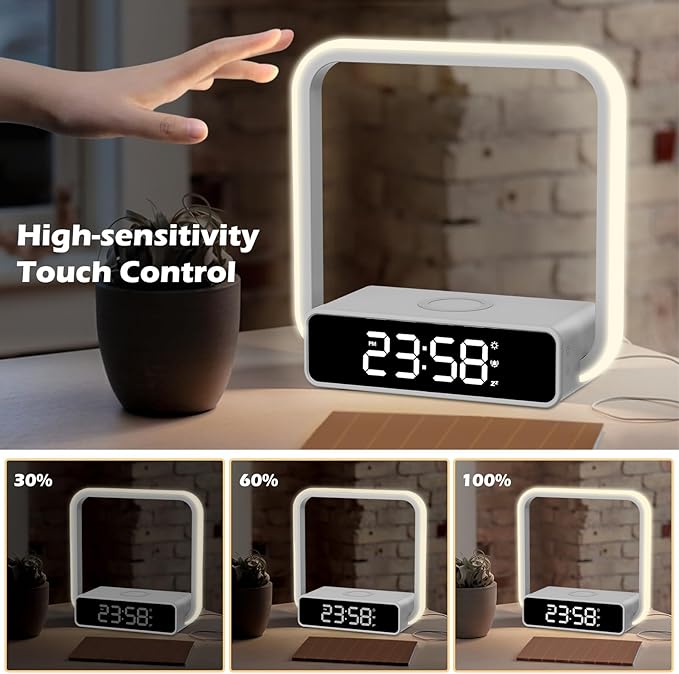 Digital Alarm Clock Wireless Charger, Dimmable Small Bedside Lamp with Alarm Clocks for Bedrooms Home Office Touch Control RGB Night Light Nightstand Lamp for Men Teen