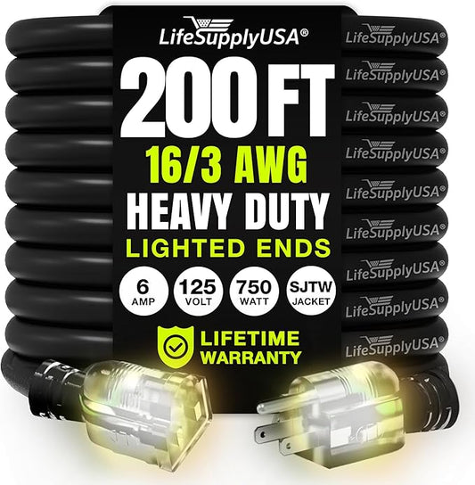 200ft Outdoor/Indoor Extension Cord 16/3 Gauge Heavy Duty 3 Prong SJTW, Waterproof, Flexible Cold-Resistant Long Power Cord,125 Amp 750W, Black by LifeSupplyUSA