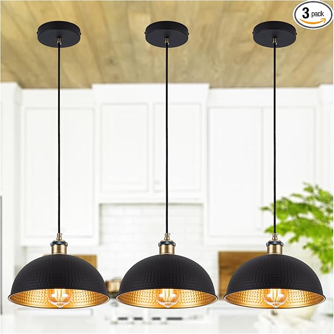 10“ Industrial Black Gold Pendant Lights Vintage Mini Dome Pendant Light Fixtures with Golden Finish Rustic Farmhouse Black Pendant Lights for Kitchen Island, Dining Room, Bedroom (Set of 3)