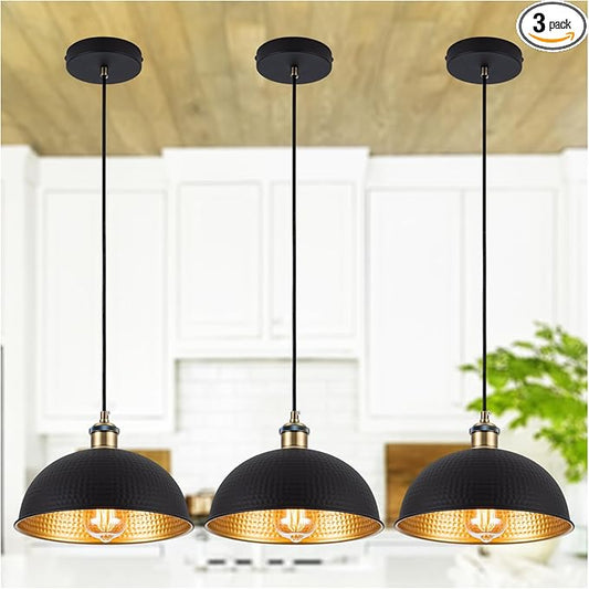 10“ Industrial Black Gold Pendant Lights Vintage Mini Dome Pendant Light Fixtures with Golden Finish Rustic Farmhouse Black Pendant Lights for Kitchen Island, Dining Room, Bedroom (Set of 3)