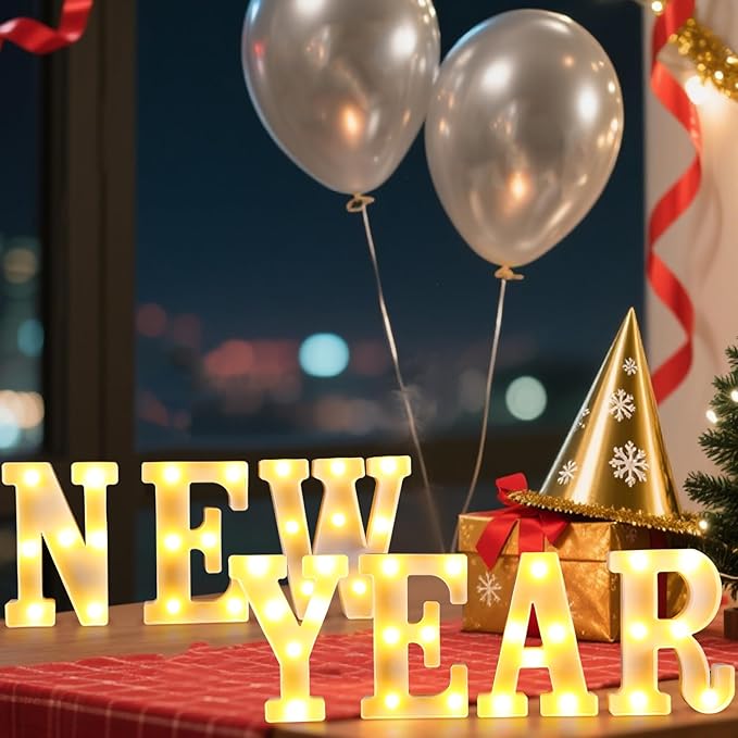 7 Pcs New Year Large LED Letter Sign LED Lights Battery Powered Table Decoration for New Year Christmas Party Tabletop Decoration