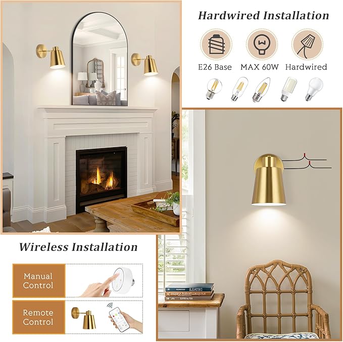 Gold Wireless Battery Operated Wall Sconces, Industrial Cordless Battery Powered Led Wall Lights Set of 2, Vintage Wall Lamp Fixture Indoor with Remote Control for Bedroom, Bathroom, Hallway