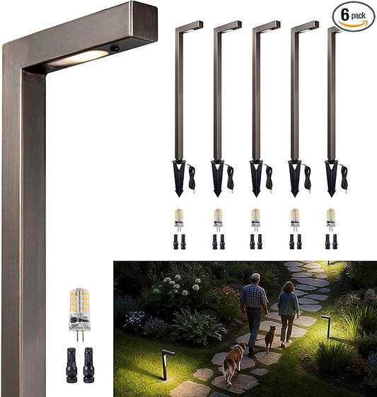 Gardenreet Brass Low Voltage Pathway Lights, Waterproof Landscape Outdoor Path Light, 12V LED Bronze L Shape Driveway Lamp for Garden Yard House with 3W 270LM 4000K G4 Bulb 6 Pack