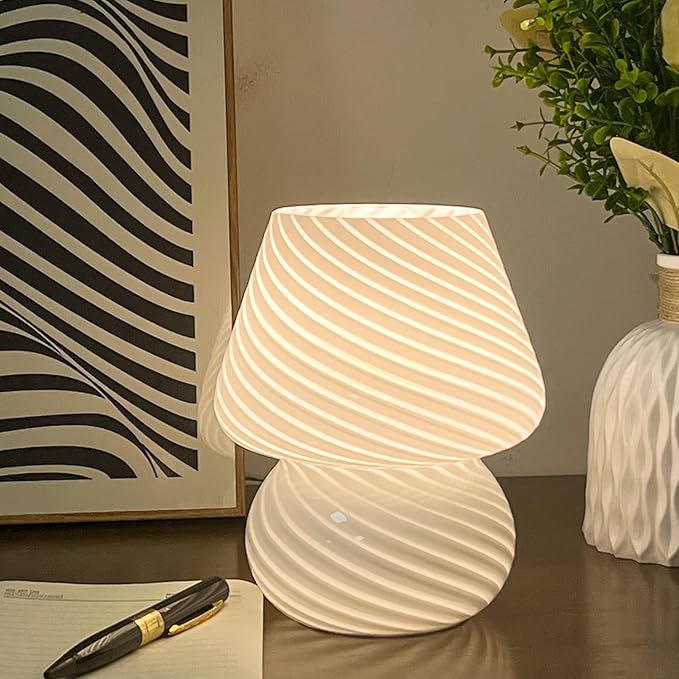jonong Bedside Lamp Glass Striped Mushroom Table Lamp with 3 Color Modes LED Small Decorative Table Lamp for Gift Present,Suit for Bedroom, Living Room, Home Decor, Baby, Kids, Women (White)