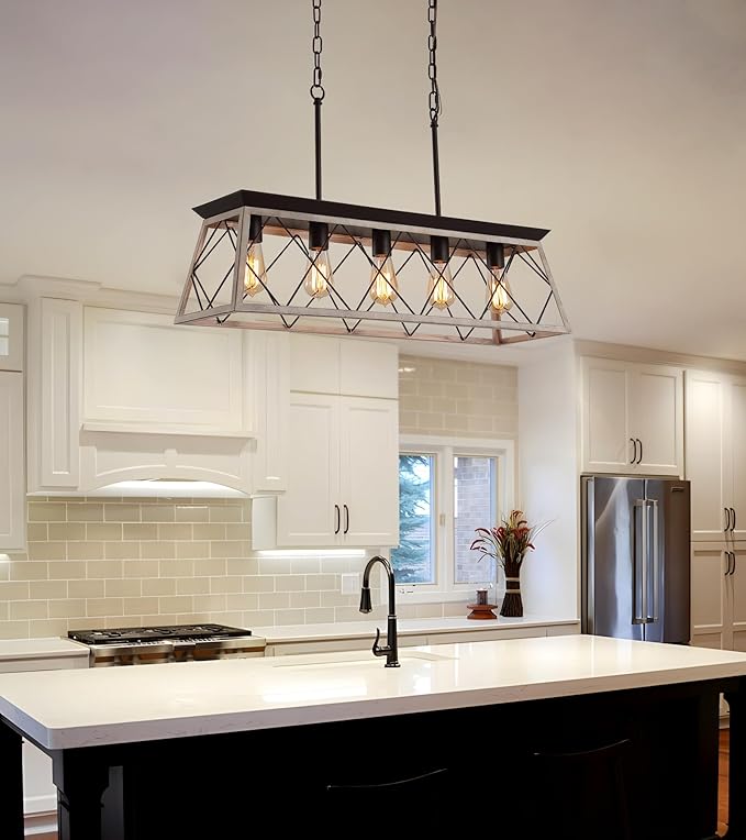 Q&S Dining Room Chandelier Light Fixtures,Farmhouse Rustic Vintage Antique Linear Chandeliers Pendant Ceiling Light Fixture for Kitchen Island Bar Office Coffee Shop 5-Lights Oak and ORB UL Listed