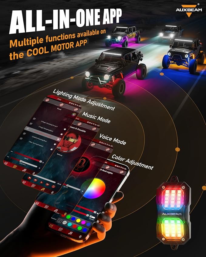 Auxbeam 8 Pods RGB LED Rock Lights w/Brake Mode, Dynamic Color Changing Wheel Well Lights w/Bluetooth APP& Remote Control, Music Voice Sync Underglow Kit for Trucks Boat Waterproof, 1 Year Warranty
