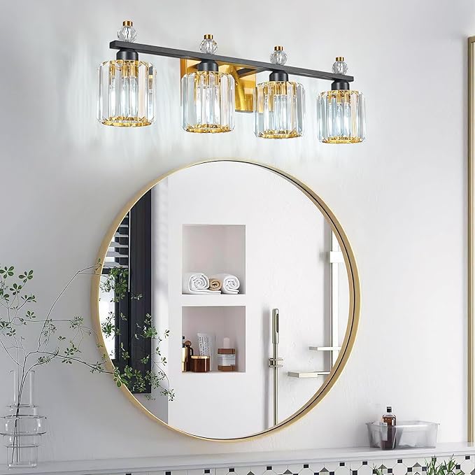 Bathroom Vanity Lights 4-Light Black Gold Modern Crystal Vanity Light Fixtures Over Mirror Crystal Bathroom Vanity Lighting Fixtures