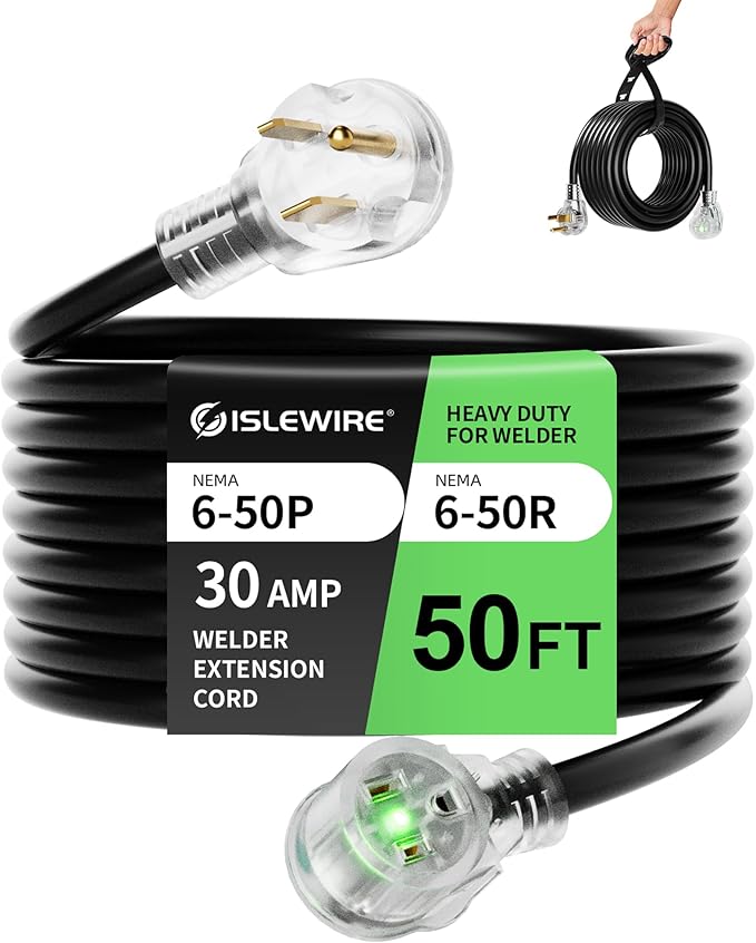 50ft 250V Welder Extension Cord, 10 Gauge Heavy Duty Outdoor Welding Cord with LED Indicator, NEMA 6-50P to 6-50R, 30 Amp 3 Prong Power Extension for Welding Machines, 10 AWG SJTW, Black