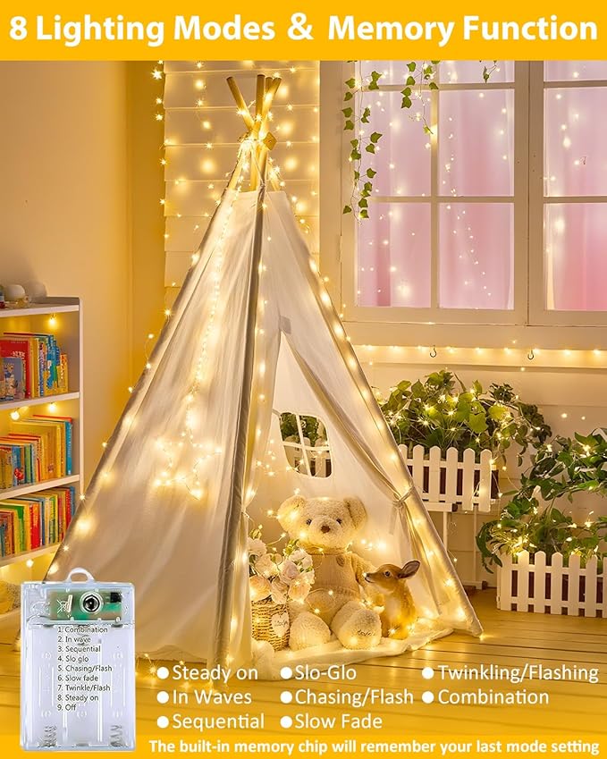 3 Pack 60LED Christmas Battery Operated Fairy Lights with Remote, 8 Modes String Lights with Timer, Dimmable, Memory Function, Waterproof Twinkle Lights for Outdoor Indoor Christmas Decor(Warm White)