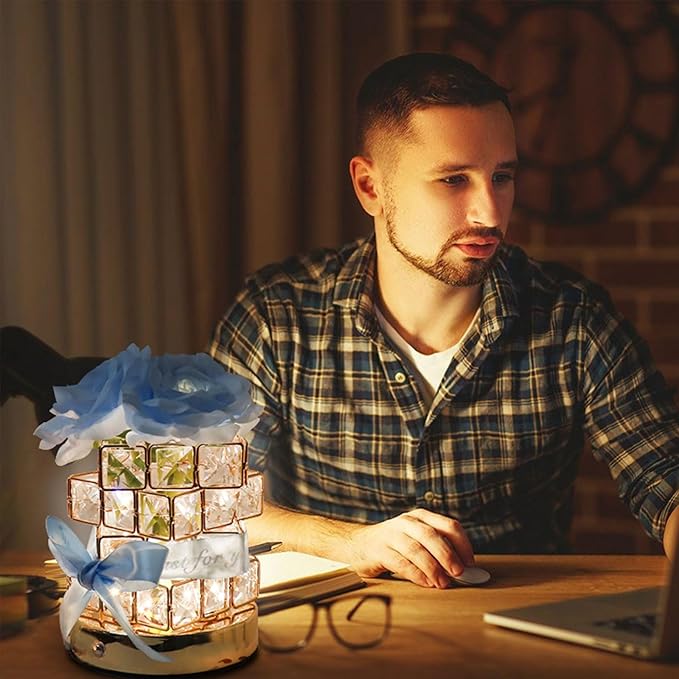 Rose Crystal Table Lamp, Rechargeable Cordless Rose Light 3 Colors Dimmable LED Flower Lamp for Bedroom Living Room Decor, Valentine Birthday Gift for Her (Blue)