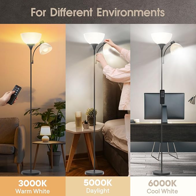 GERGO Led Floor Lamp, Super Bright 11W+7W 2100LM Torchiere Floor Lamps for Living Room, Stepless Adjustable 4 Color Temperatures 3000K-6000K with Remote Control for Bedroom (Matte Black)