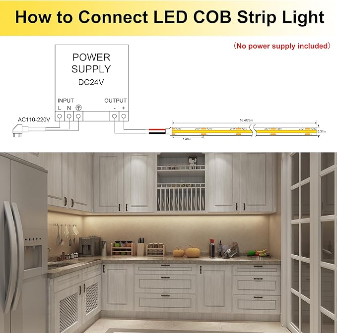 16.4ft COB LED Strip Lights Waterproof IP68, 4000K Natural White Outdoor 24V Dimmable Silicone LED Tape Lighting High Density, 4000LM+, 3200LEDs Clips and Screws(Power Supply Not Included)