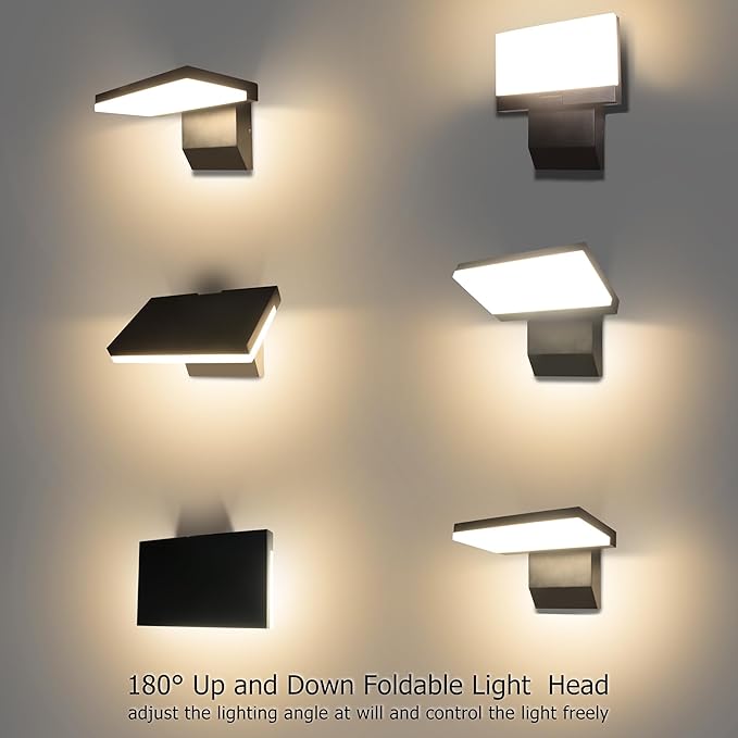 Modern Outdoor Wall Light, 18W 1980LM Black Aluminum Patio Wall Sconce IP65 Waterproof LED Porch Lights 3000K Foldable Exterior Lighting Fixtures for House Garden Garage
