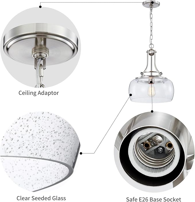WUZUPS Chandelier Rustic Farmhouse Industrial Round Ceiling Pendant LED Light Fixture Clear Seeded Glass Shade for Dining Room Kitchen Island Foyer Entryway, H 17" x W 13.4", E26 Base, Brushed Nickel