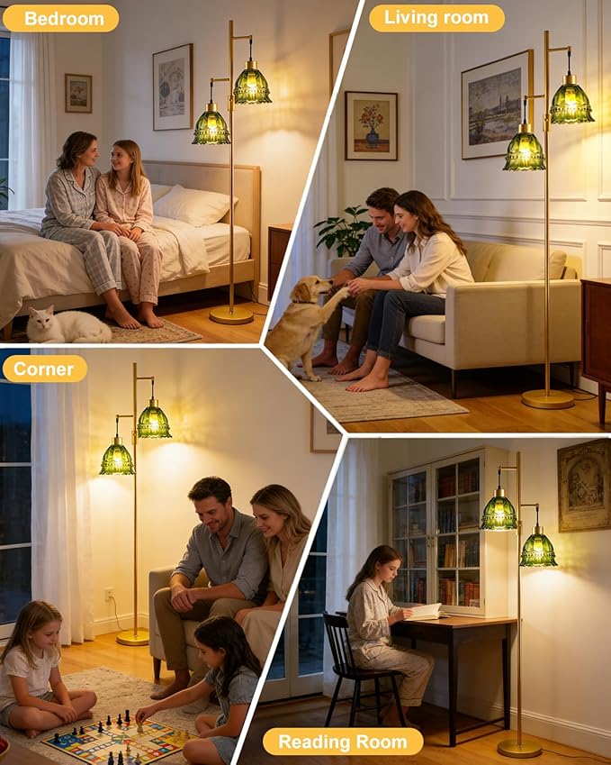 Gold Dimmable Floor Lamp for Living Room, 2-Light 65IN Tall Standing Lamps with Green Glass Lampshade, 3000K Warmwhite Mid Century Modern Floor Lamp for Bedroom/Home Office/Corner