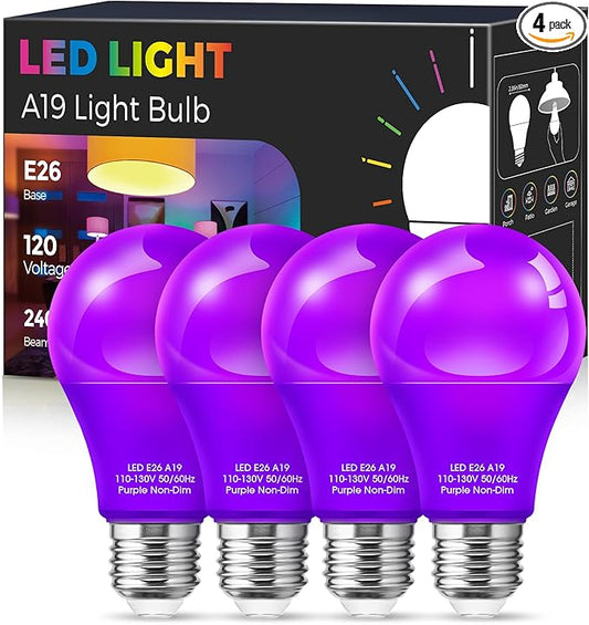 Purple Light Bulbs,4 Pack LED A19 Black Light Bulbs 9W (60 Watt Equivalent) E26 Base Party Decoration, Porch, Home Lighting, Holiday Lighting, Decorative Illumination Purple LED Bulb