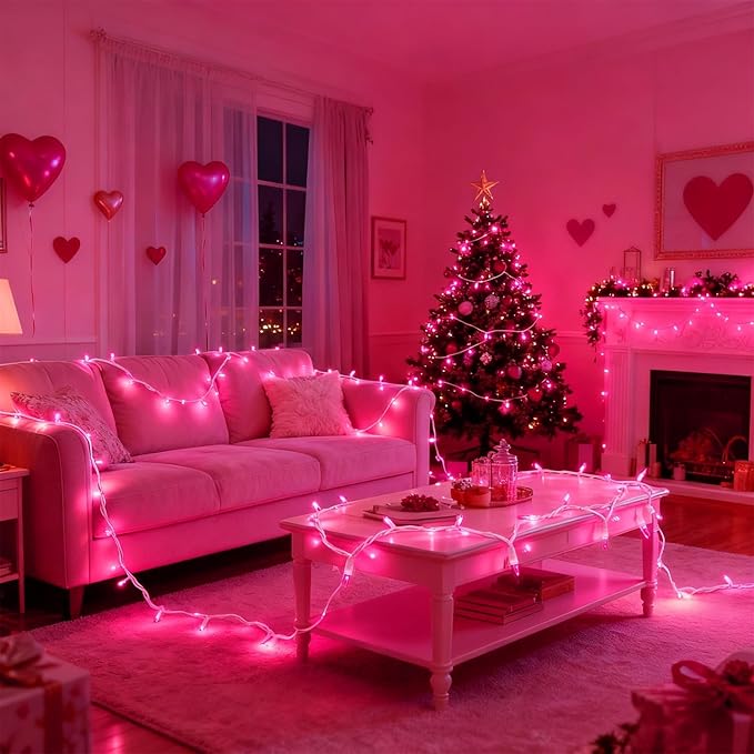 WATERGLIDE 2 Pack Valentine's String Lights, 50 Count 11.5FT White Wire Mini Incandescent Christmas Fairy Light, UL Certified for Patio Wreath Garland Garden Easter Holiday Outdoor Indoor Decor, Pink