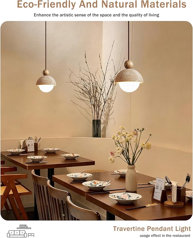 Spherical Wabi Sabi Pendant Light Natural Stone Retro Japanese Style Vintage Mini Wood Nordic Hanging Light Yellow Travertine Pendant Light Fixture for Kitchen Island Bedroom Hallway Bedside (3PCS)