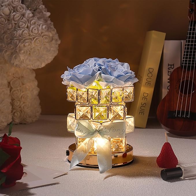 Rose Crystal Table Lamp, Rechargeable Cordless Rose Light 3 Colors Dimmable LED Flower Lamp for Bedroom Living Room Decor, Valentine Birthday Gift for Her (Blue)