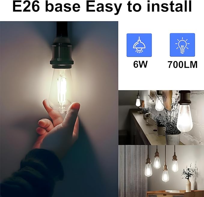 ST19 LED Bulb 6W Equivalent 60W 4000k Neutral White 120V, 12PCS High Output ST19 LED Bulb Dimmable, No Flicker ST 19 E26 Base Led Bulb, ST 19 LED Edison Light for Indoor Outdoor Lighting