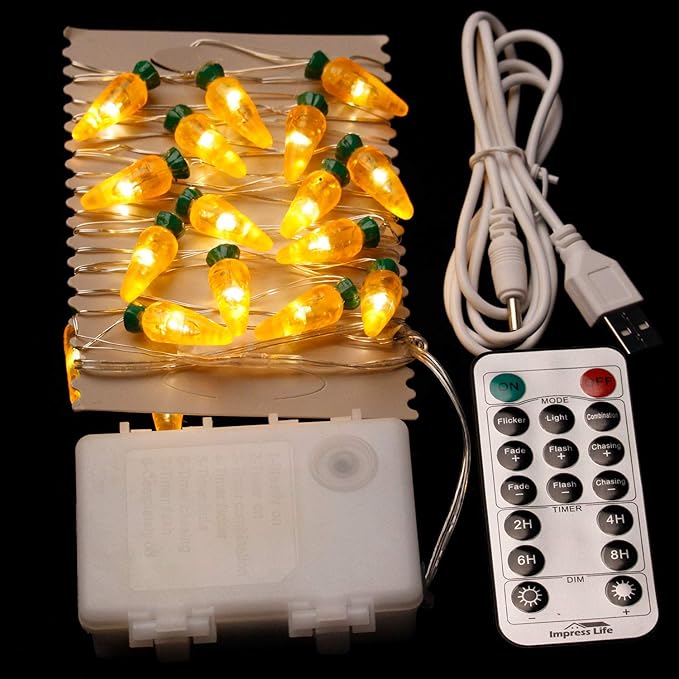 Easter Day Decorations String Lights, Carrot Paschal Theme String Lights, 10 ft 30 LEDs with Dimmable Remote, Timer, 8 Flicker Modes, 3AA Battery USB plug-in for Bedroom, Birthday, Tent Wedding Party