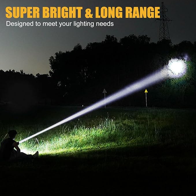Rechargeable LED Flashlight with Power Display, 4 Light Modes, High Lumens Handheld Torch, Dual Switch, Waterproof Portable Flashlight for Camping, Hiking, Indoor and Outdoor Use (LK6017-White light)