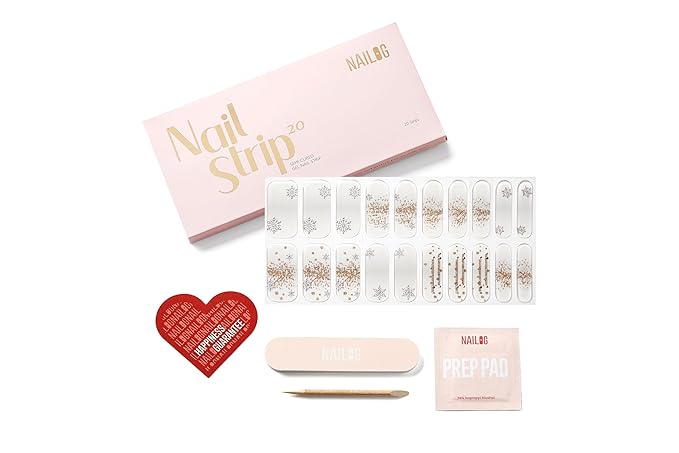 NAILOG Semi Cured Gel Nail Strips (20 Extra Long Nail Polish Strips) │ Long Lasting Gel Nail Stickers, Nail Wraps with Glossy Gel Finishing (Snowflake)